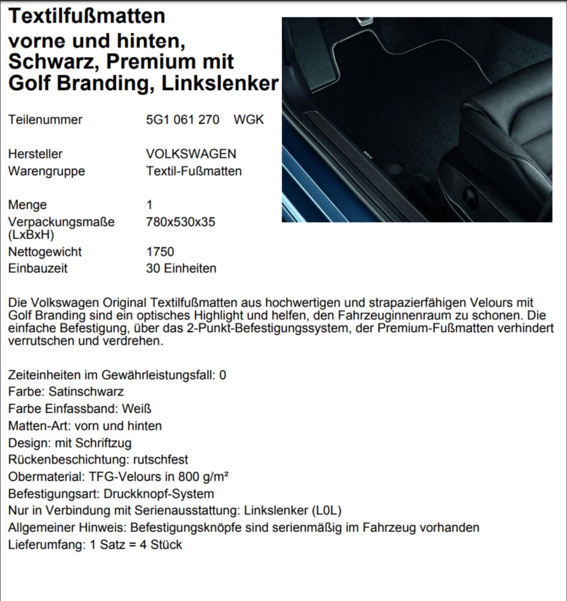VW Golf 7 Veloursfußmatten vorne und hinten *Borgmann* für 90 EUR