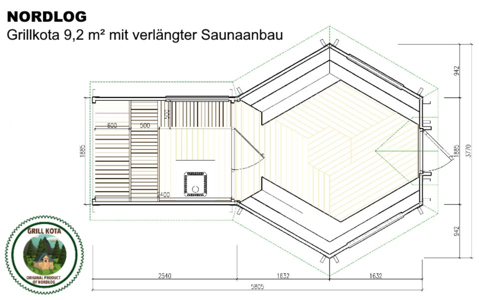 NordLog Grillkota 9,2m2 mit verlängter Saunaanbau Grillhaus Gartensauna Hütte 