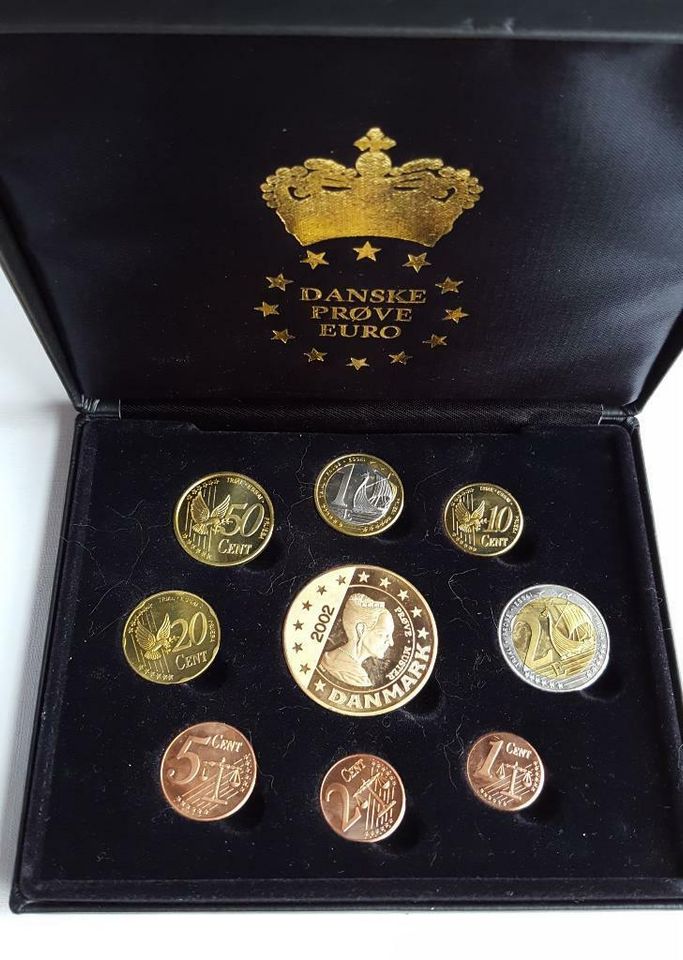 Dänemark 2002 Probe Essai Euro 9 Münzen in schwarzer Box in Trier