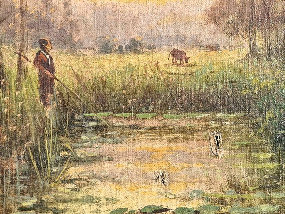 Gemälde W. Böhmer Angler Teich Landschaft Fischer Öl/Lwd um 1920 in Gommern