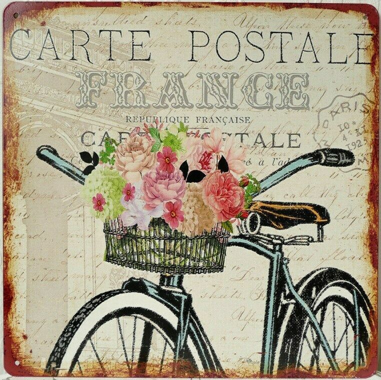 Blechschild Blumen Fahrrad Postkarte Frankreich Rosen NEU in Niedersachsen - Bissendorf