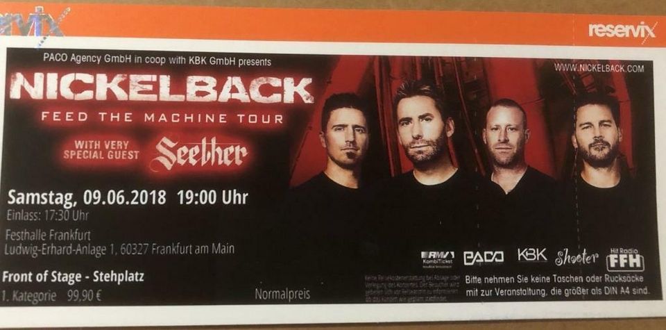 gebr. Nickelback-Ticket Frankfurt 9.6.2018 gesucht in Korbach