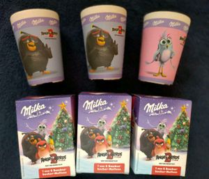 Milka Bambusbecher Milka 6 x "Angry Birds"  Red-Bomb-Silver-Hatchlings-Chuck-OVP 