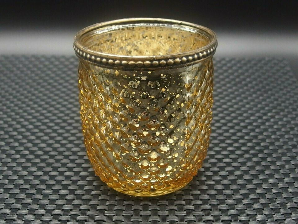 Glas Teelicht D8,5 H10cm mit Metallrand, in Essen